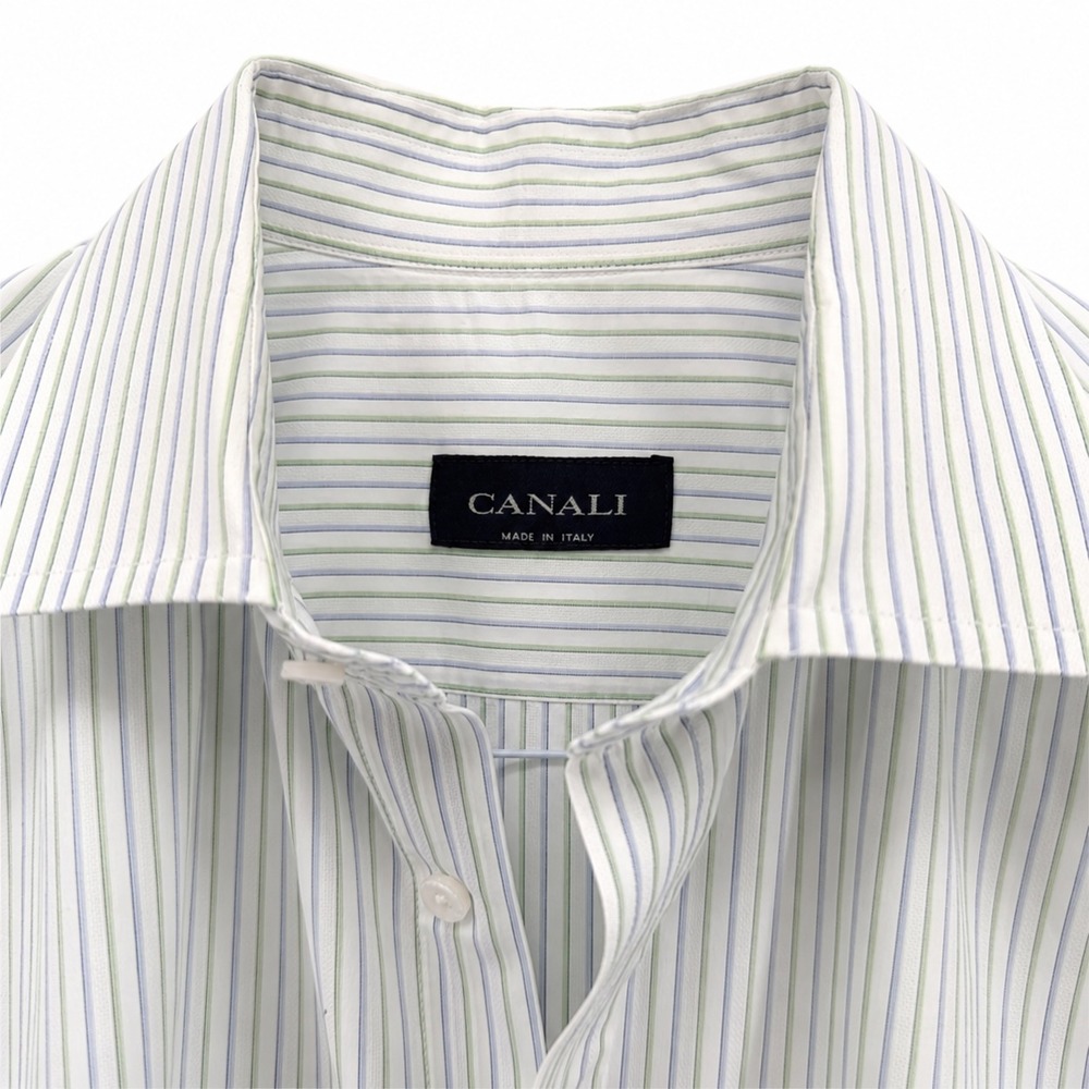 Canali Dress Shirt Men 16.5 42 White Green Blue Stripe Cotton Made in Italy